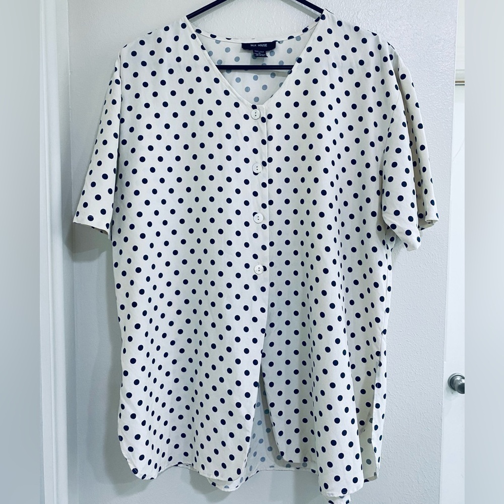 Navy Polka Dot V-Neck Blouse 100% silk size small. Oversized fit. Elegant